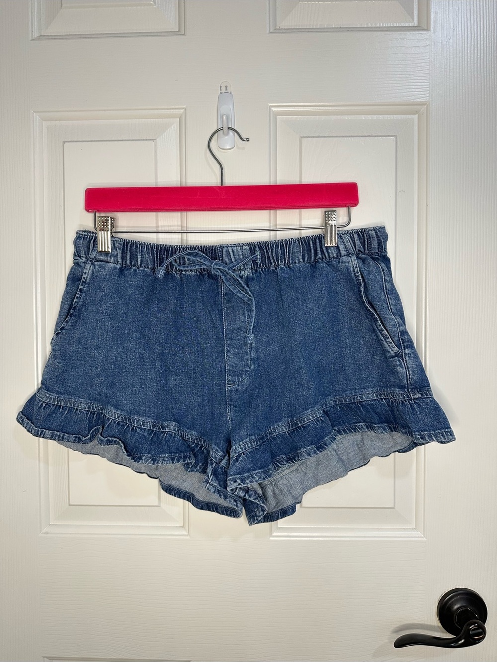American Eagle AE Stretch Medium Wash Linen Blend Ruffle Pull On Short M Whimsy - Picture 2 of 8